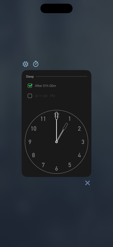 Somewhere - Rain Sound ASMR - Una interfaz de temporizador de sueño minimalista con un reloj analógico y configuraciones de duración de la aplicación Somewhere Rain Sound ASMR