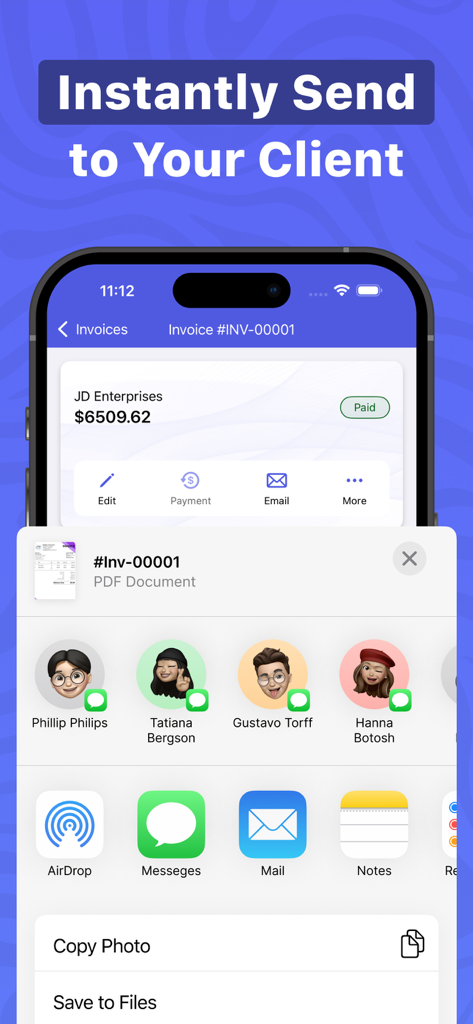 Invoice Maker & Estimate - プロフェッショナルなPDF請求書をメールやメッセージアプリ経由でクライアントに即座に送信するための共有オプションを示すスマートフォンのインターフェース。