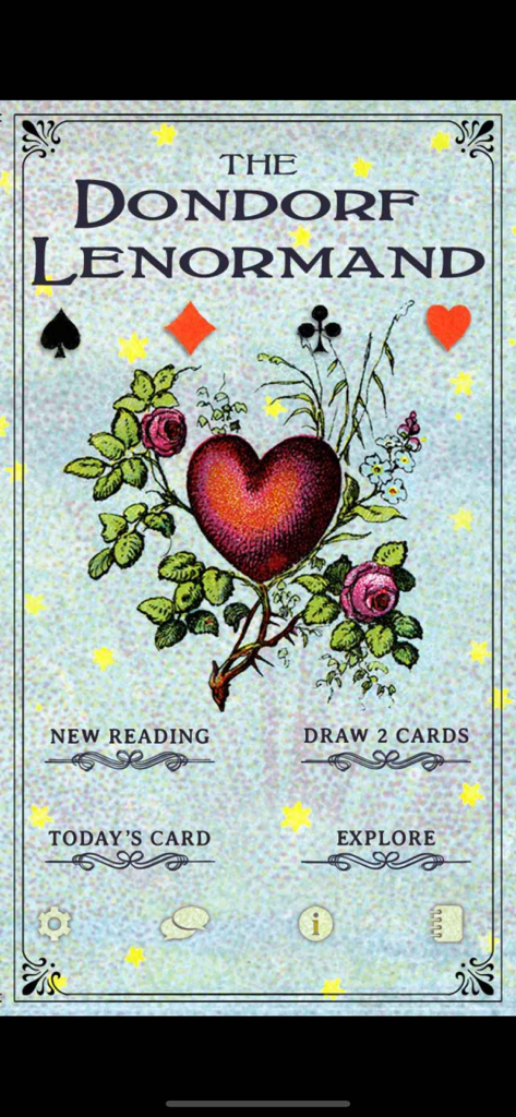 Lenormand! - Menú principal de la aplicación Lenormand con arte histórico de la baraja Dondorf con un corazón central y rosas.