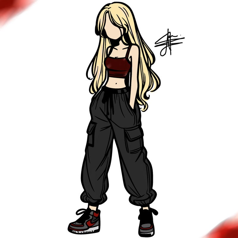 girl in baggy pants crop top and long hair