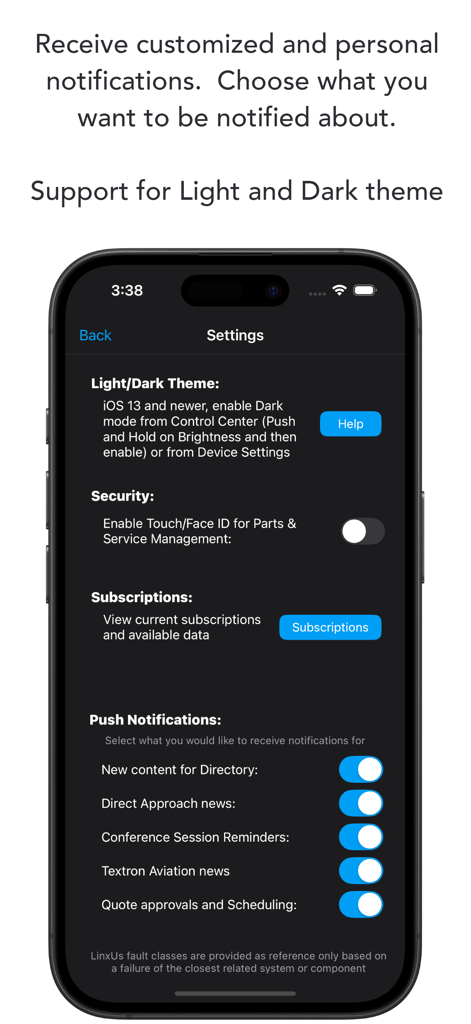 Configuración de la aplicación Textron Aviation Service y preferencias de notificación