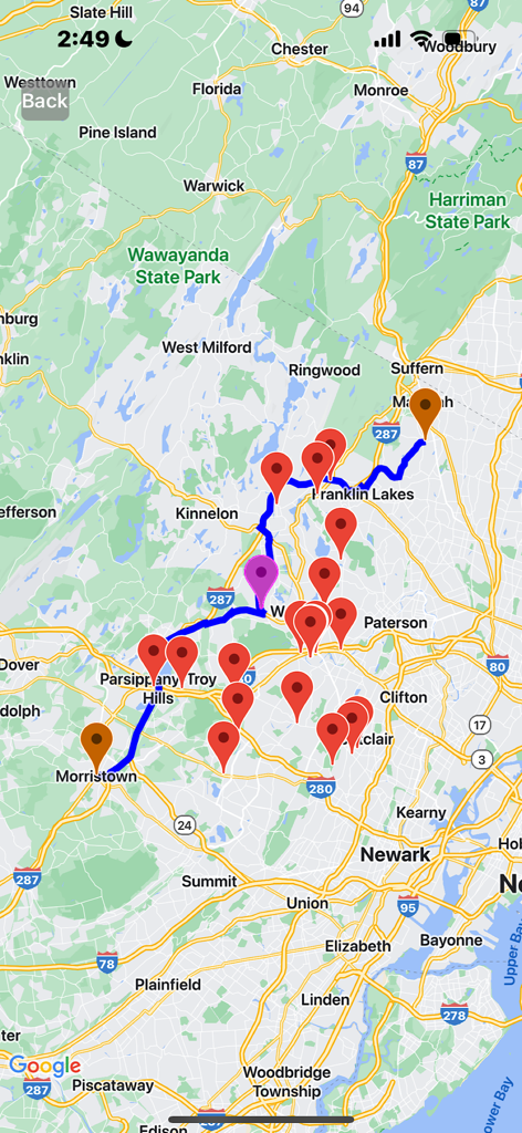 Halfway Finder - Map interface showing a route between two locations with multiple red markers for suggested halfway meeting points