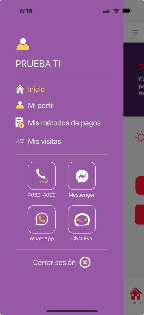 Menú de navegación lateral de la aplicación móvil de Telecable que muestra opciones para perfil, métodos de pago y canales de atención al cliente.
