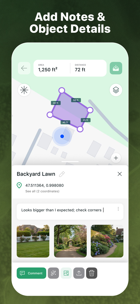 Pantalla de la aplicación GeoMark que muestra una medición de césped de patio trasero con notas personalizadas y fotos adjuntas