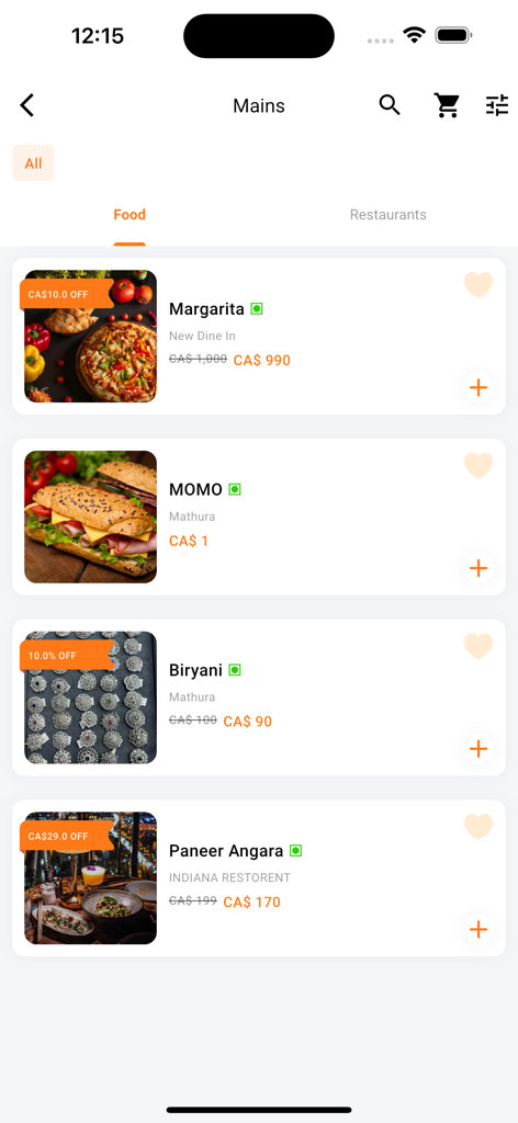 Africaribana Go - Captura de tela do aplicativo Africaribana Go exibindo uma lista de itens de comida e refeições disponíveis para entrega