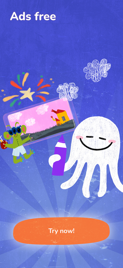 Animopus app interface showing cute animated characters and a message highlighting an ad free experience for kids