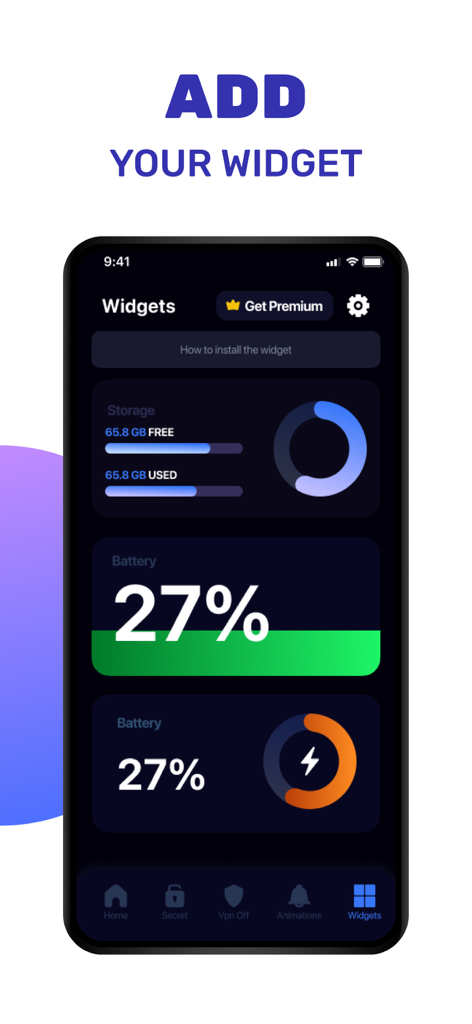 ABC AI Security Cleaner - Widgets de ABC AI Security Cleaner que muestran niveles de batería y almacenamiento
