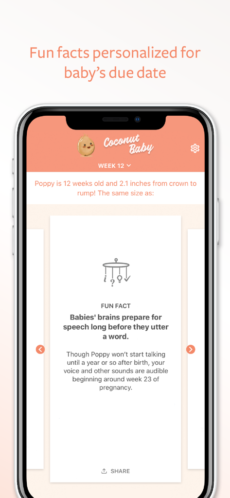 Interfaz de la aplicación Coconut Baby mostrando datos curiosos sobre el desarrollo del bebé durante la semana 12 de embarazo