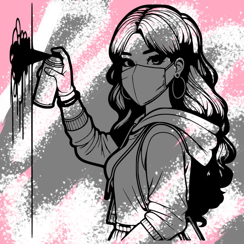 realistic girl with mask spray painting a wall