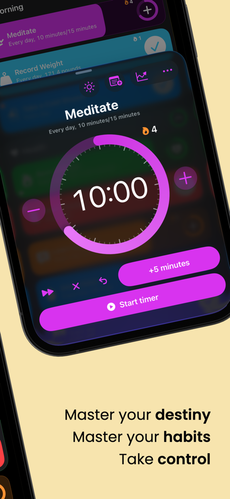 Grit: Daily Habit Tracker - Interfaccia del timer di meditazione dell'app Grit su iPhone con interfaccia utente in modalità scura