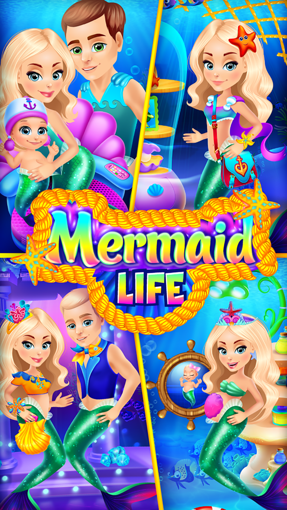 Mermaid Life - Family Story & Dressup Girls Games - Un collage que muestra diferentes etapas de la vida de una sirena, desde bebé hasta el embarazo, en el juego Vida de Sirena