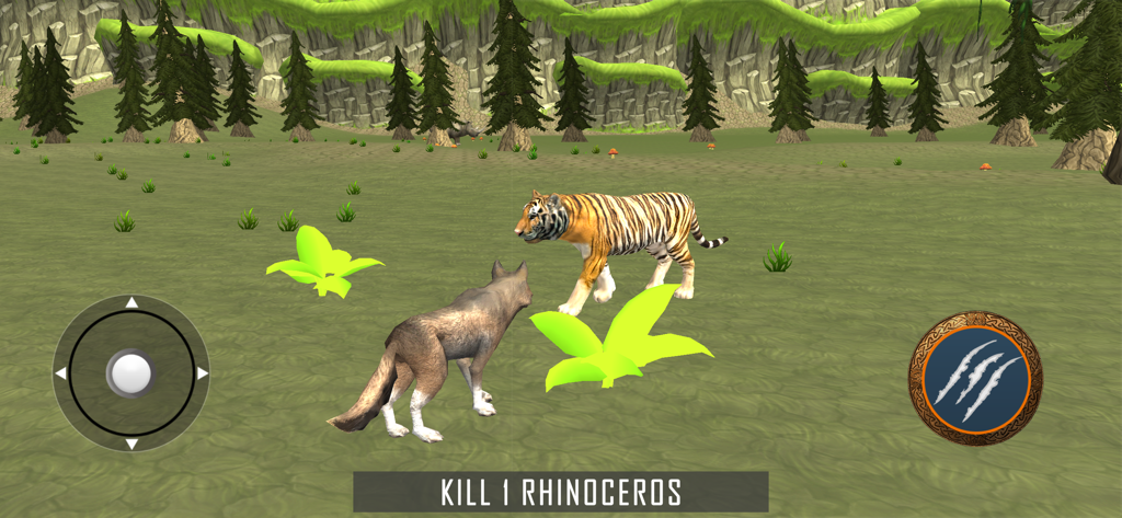 A wild wolf and a tiger facing each other in an open world forest environment