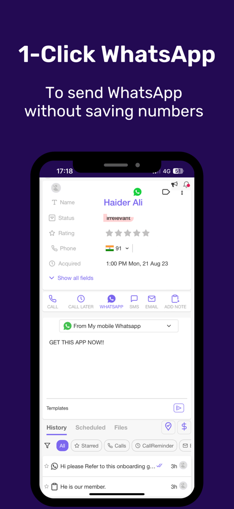 Telecrm: Telecalling Software - Telecrm mobile app interface showing the 1-click WhatsApp messaging feature to contact leads without saving their numbers.