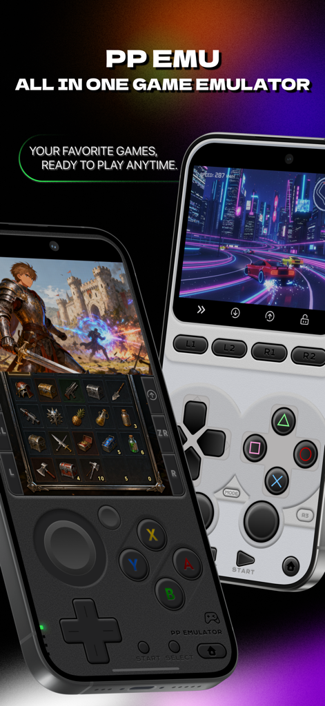 PP EMU - 3DS PSP Game Emulator - Interfaz de la aplicación móvil PP EMU mostrando skins de control 3D realistas para jugar a juegos retro en iPhone