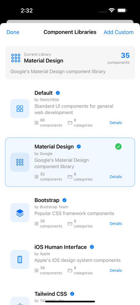 SketchSite - Interface showing available UI component libraries in SketchSite including Material Design, Bootstrap, and iOS Human Interface.