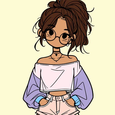 girl with a messy ponytail glasses a baggy crop top and jean shorts