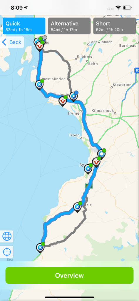 WattsUp app interface displaying a planned EV route on a map with rapid charger locations and route timing options.