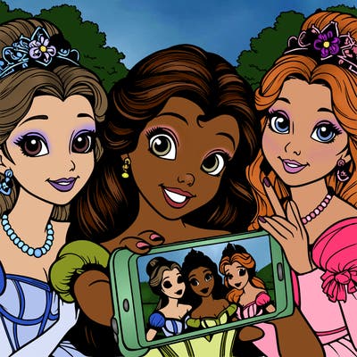 fairytale princesses who take a selfie together realistic