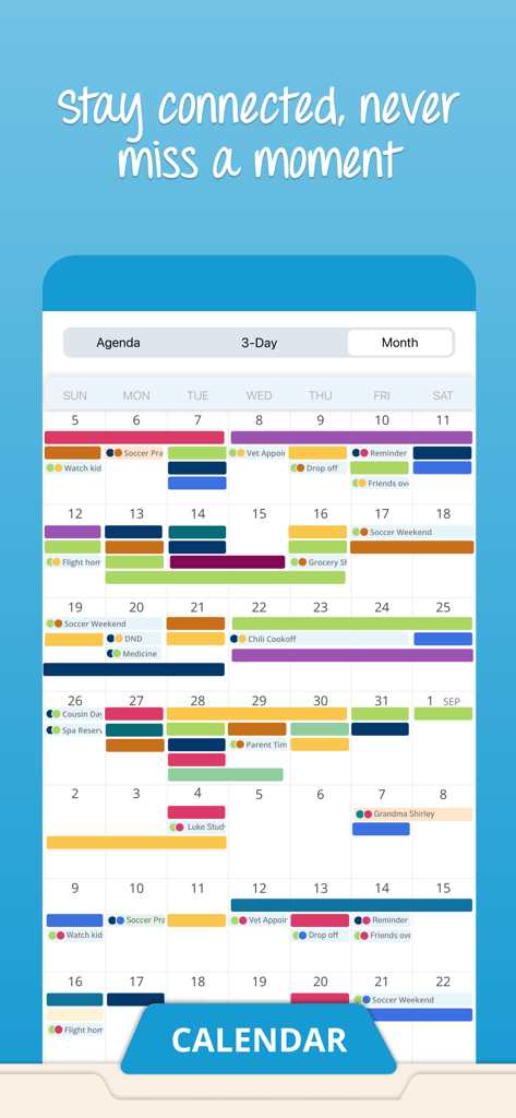 Cozi Family Organizer - Calendario mensual compartido codificado por colores en la aplicación Cozi Family Organizer que muestra los horarios y actividades familiares.