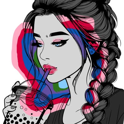 realistic girl drinking boba tea with braided hair