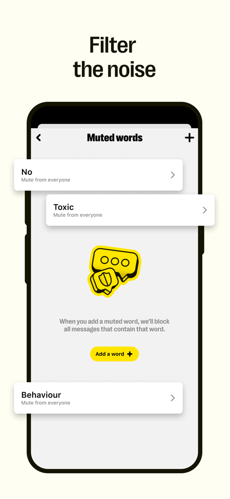 사용자가 유해한 언어와 메시지를 필터링할 수 있는 차단 단어(Muted Words) 인터페이스를 보여주는 Yubo 앱 스크린샷