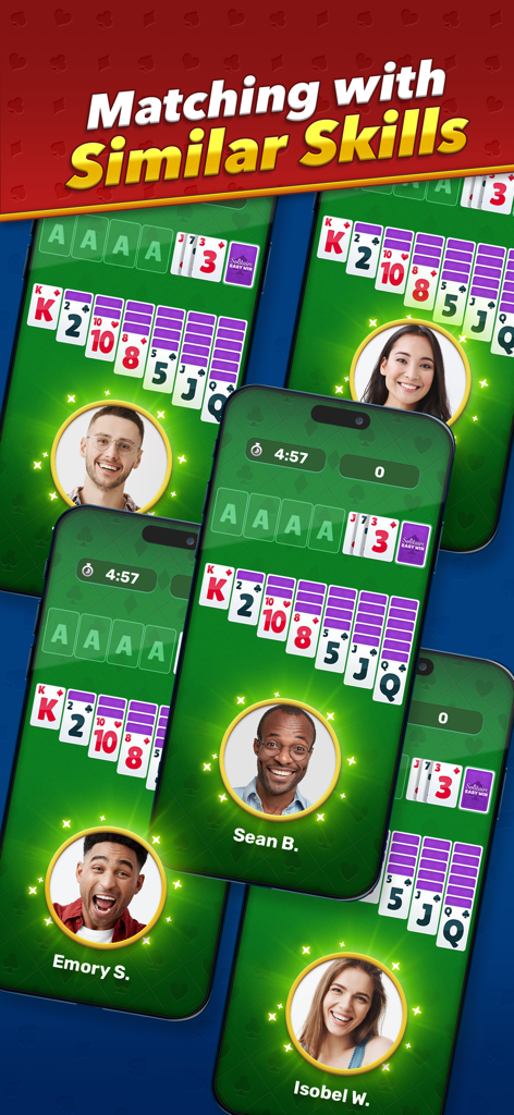 EasyWin: Solitaire & Real cash - Interface do jogo de Paciência mostrando matchmaking baseado em habilidade com perfis de jogadores