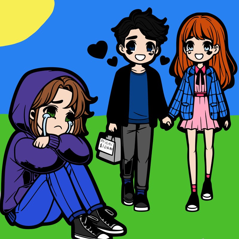 a teenage girl in a hoodie crying on the floor watching a handsome boy and preppy girl walking away holding hands + smiling