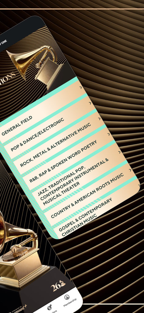 Grammy One - Uno smartphone che mostra un elenco di categorie di premi Grammy, tra cui Pop, Rock e R&B, all'interno dell'app Grammy One.