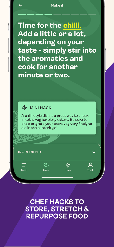 Saveful - A screenshot of the Saveful app showing cooking instructions and a mini hack for sneaking vegetables into a chilli dish