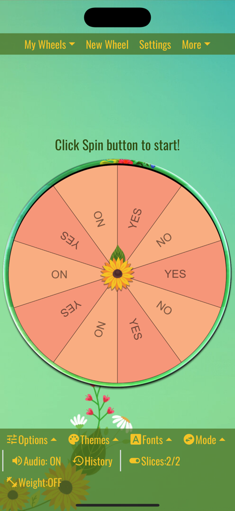 Interface do aplicativo móvel Spin The Wheel mostrando uma roda de decisão sim ou não rosa com um tema floral de girassol
