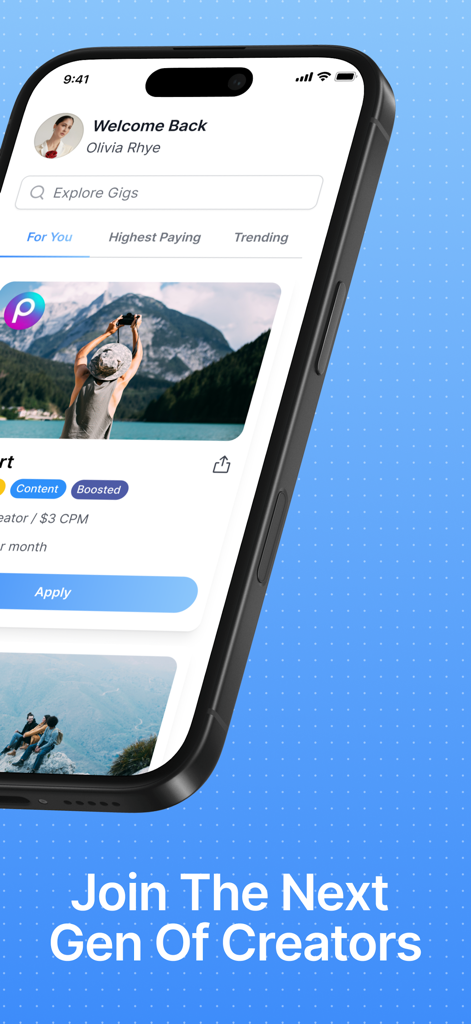 SideShift app interface showing a list of UGC creator jobs and an apply button