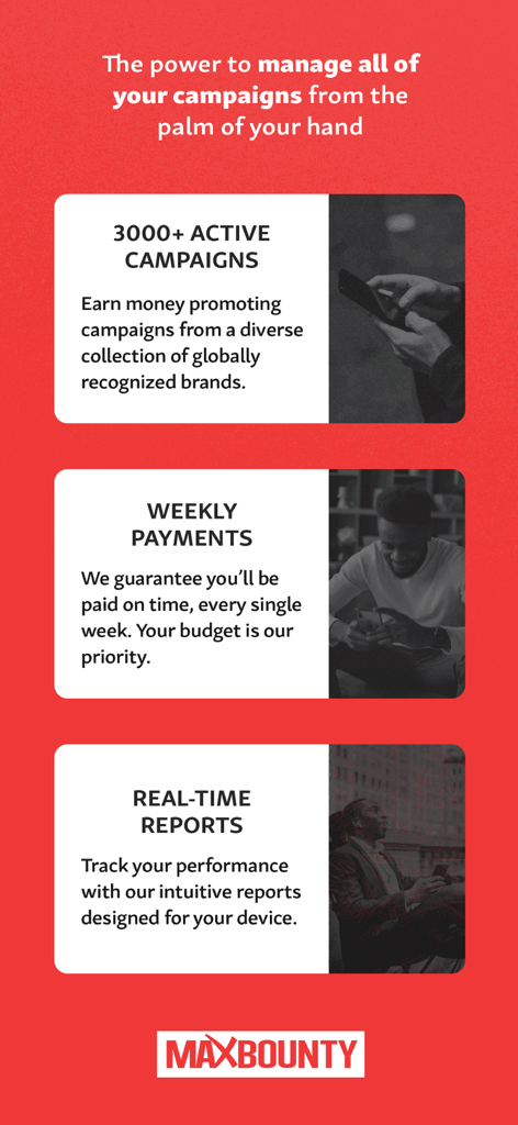 MaxBounty - MaxBounty app features highlighting 3000 active campaigns, weekly payments, and real-time reports for affiliate marketers.