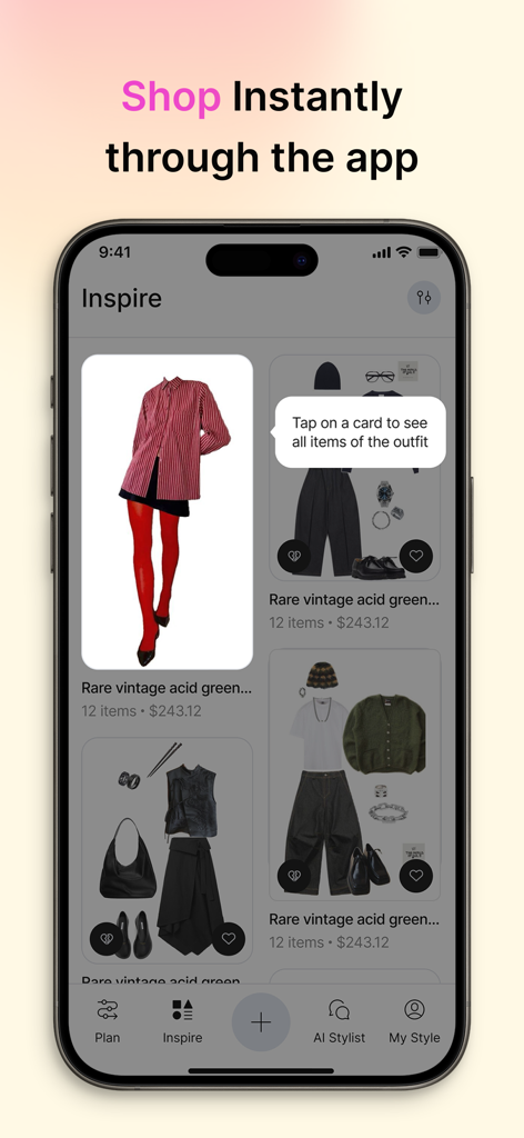Dressly: AI Outfit Stylist - Interfaz de la aplicación móvil Dressly que muestra lookbooks de atuendos curados y la función de compra instantánea con inspiración de estilo de IA