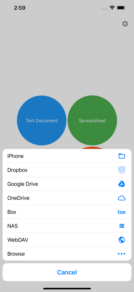 AO Office Pro menu showing document creation buttons and cloud storage provider options like Google Drive and Dropbox