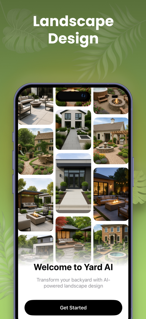 Tela de boas-vindas do aplicativo Yard AI mostrando uma grade de diversas inspirações de design de quintal e jardim