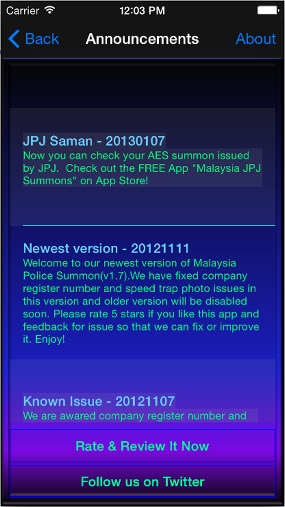 Malaysia Police Summons - Announcements screen of the Malaysia Police Summons app displaying update history and social links.