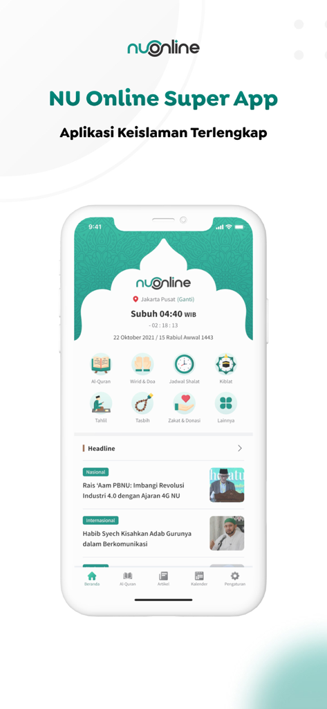 NU Online - Super App - Home screen of the NU Online Super App showing prayer times and Islamic features