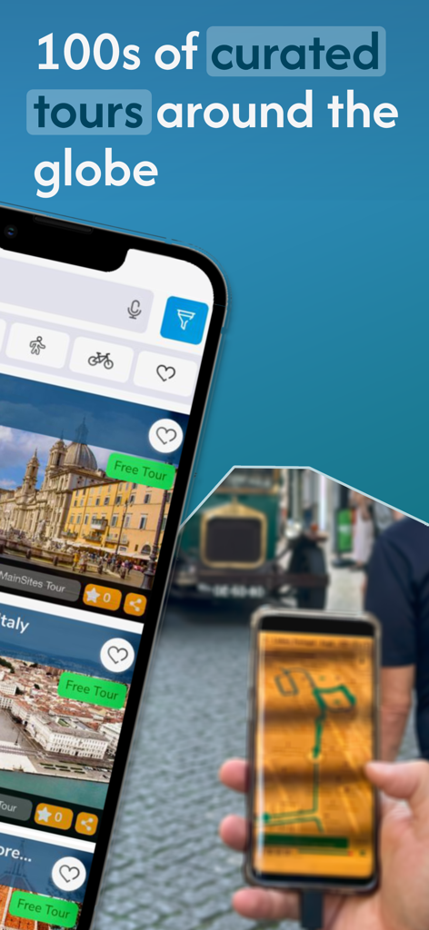 UCPlaces | Your tour guide app - UCPlaces App zeigt kuratierte Touren und eine Live-GPS-Karte an.