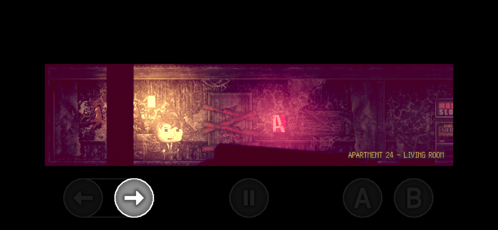 DISTRAINT - Deluxe Edition - A side scrolling psychological horror scene showing a character in a dark apartment living room with red lighting