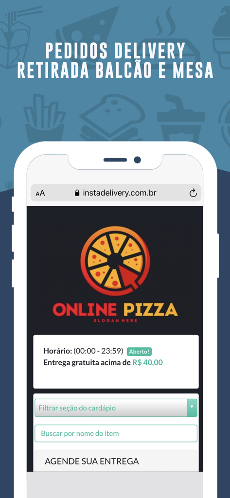 InstaDelivery - Lojista - Mobile app interface for a pizza restaurant offering delivery and pickup options