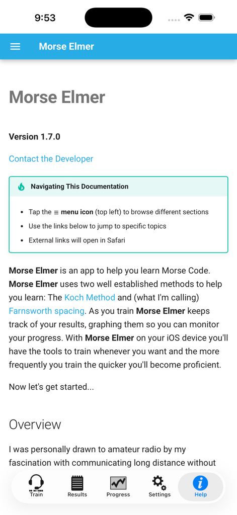 Morse Elmerアプリの概要画面。モールス信号のトレーニング方法に関する情報を提供します。