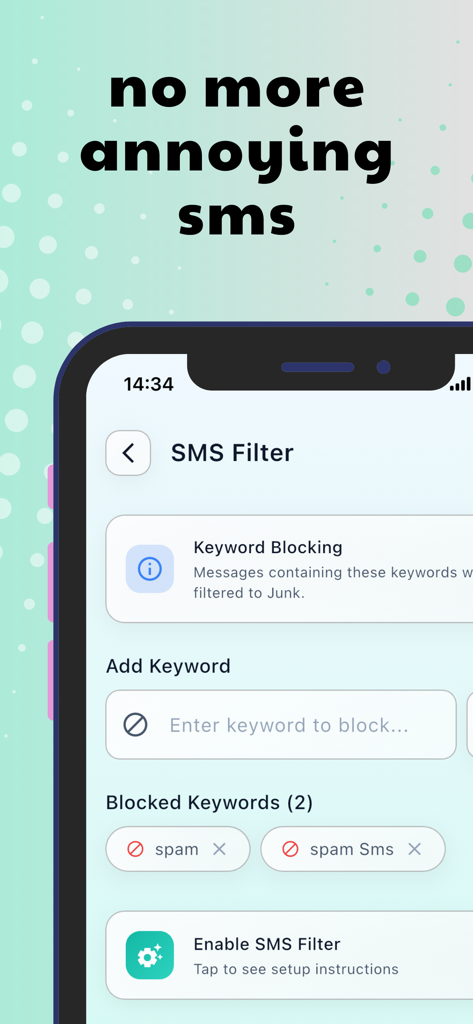 Ad blocker: Urka - Secure DNS - Interface do aplicativo Urka mostrando configurações do filtro de SMS com bloqueio de palavras-chave para parar mensagens de spam.