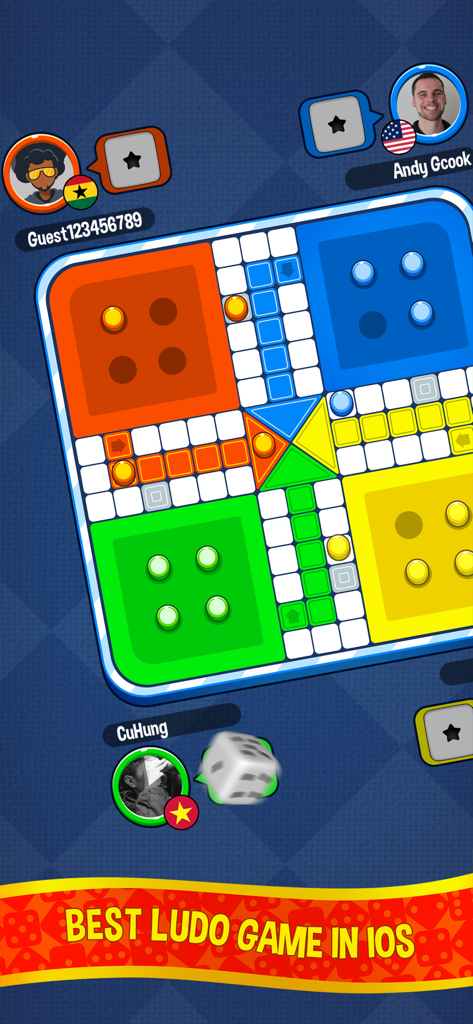 Ludo Star Ludo King - A multiplayer Ludo board game session in progress with players from different countries and a rolling dice