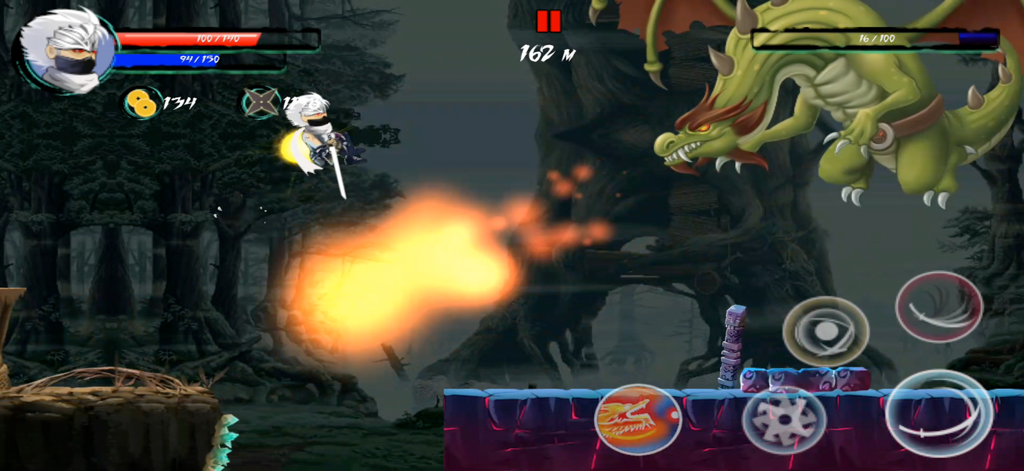 Ninja Assassin Revenge - A ninja character fighting a large green dragon boss in the action game Ninja Assassin Revenge