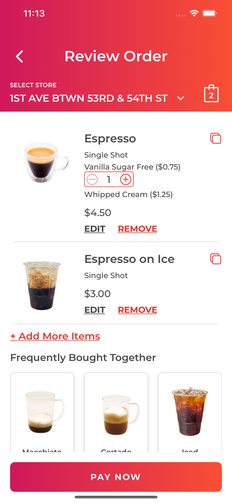 Matto Espresso - Uma interface móvel para revisar um pedido de café no aplicativo Matto Espresso, incluindo bebidas de expresso e um botão de pagamento
