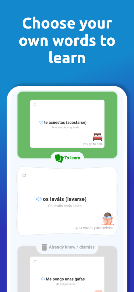Mobile screen showing Spanish vocabulary flashcards with the option to choose specific words to learn.