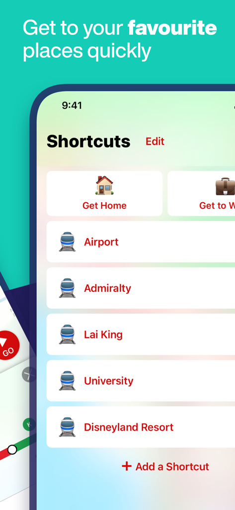 Hong Kong Metro Map & Routing - Bildschirm mit Verknüpfungen in der Hong Kong Metro Map App, der schnelle Navigationsoptionen zu bevorzugten Orten anzeigt