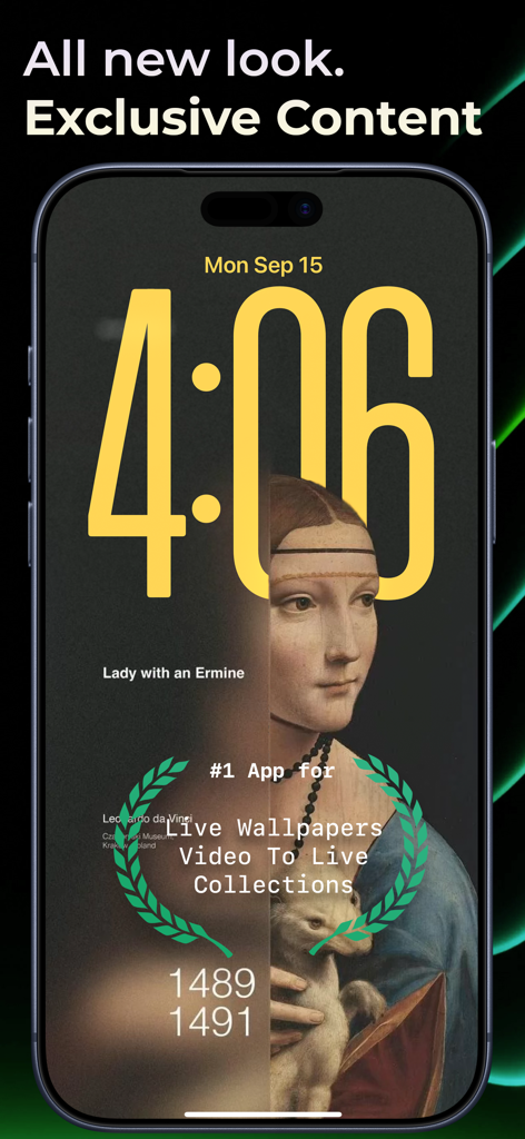 Wallpapers Now - Pantalla de bloqueo de iPhone que muestra la app Wallpapers Now con una pintura artística de Leonardo da Vinci y un reloj digital personalizado