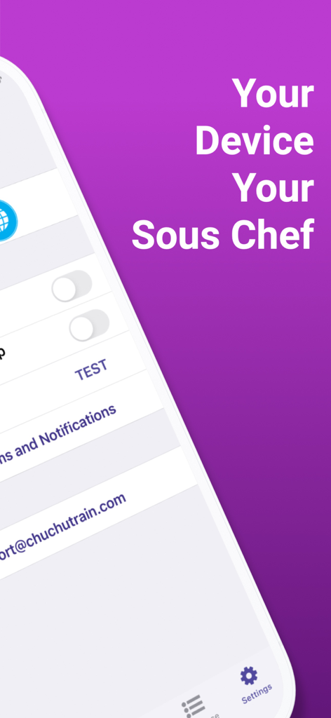 Sous Chef Pro: Timers & Tools - Sous Chef Proモバイルアプリのインターフェースに、タグライン「あなたのデバイス、あなたのSous Chef」が表示されています