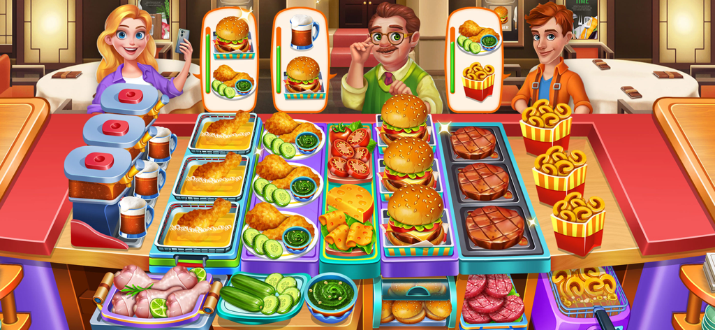 Cooking 2024 - Chef Food Games - Gameplay of a restaurant cooking game showing customers ordering burgers and fried chicken